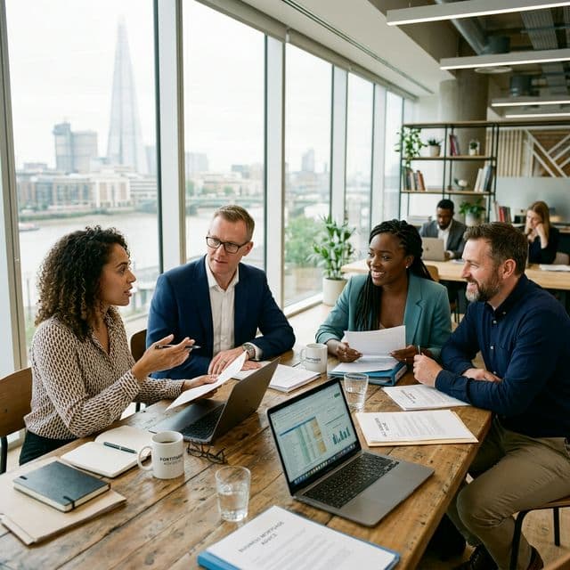 UK professionals discussing complex income mortgage options with a specialist broker