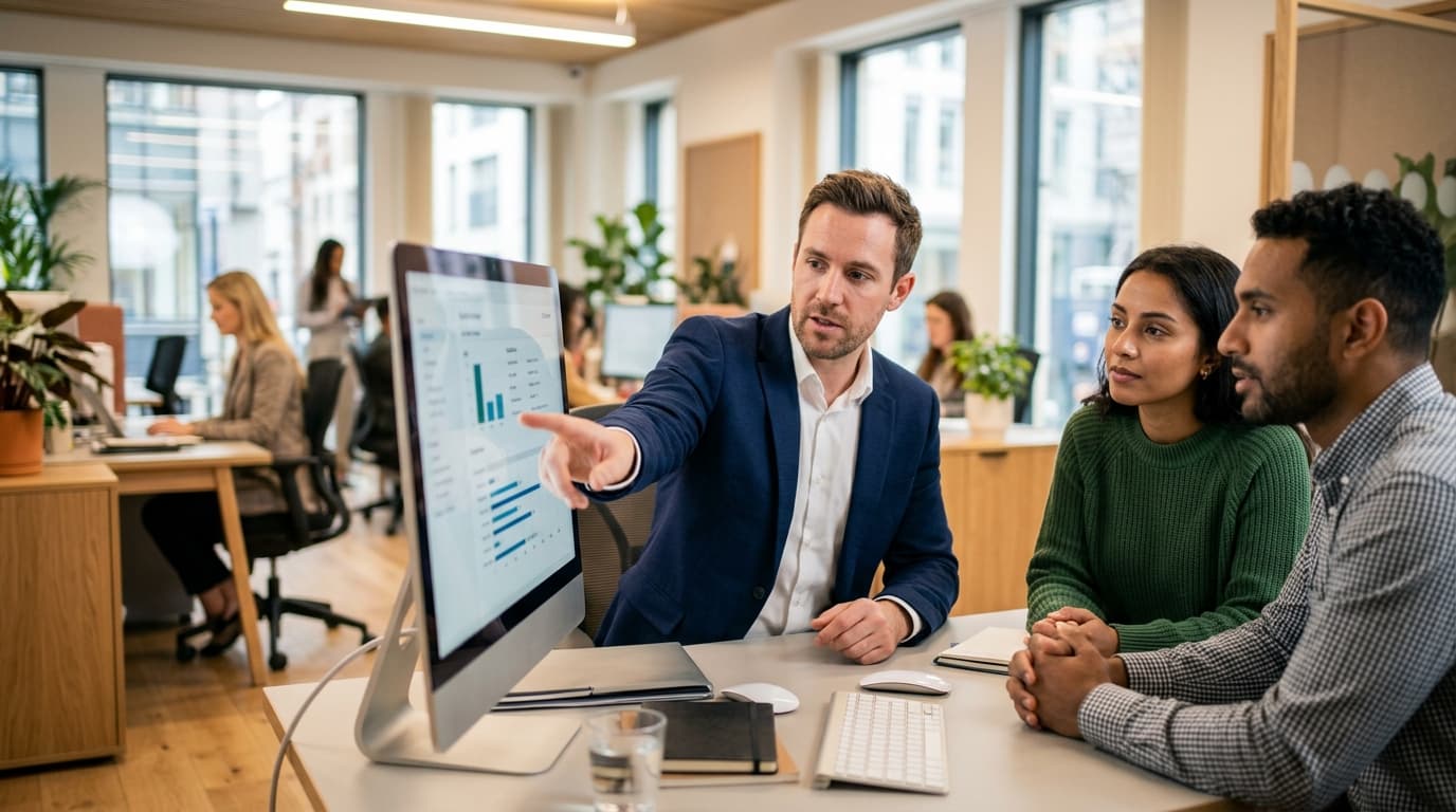 A mortgage advisor explains credit data on a desktop screen to a couple during a meeting about complex income mortgages and lender review.