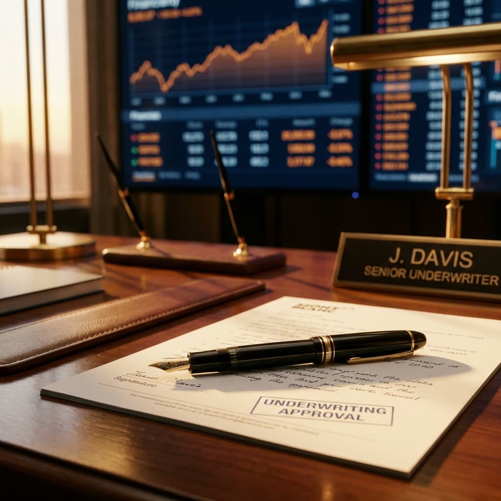 Senior underwriter desk with fountain pen and financial screens