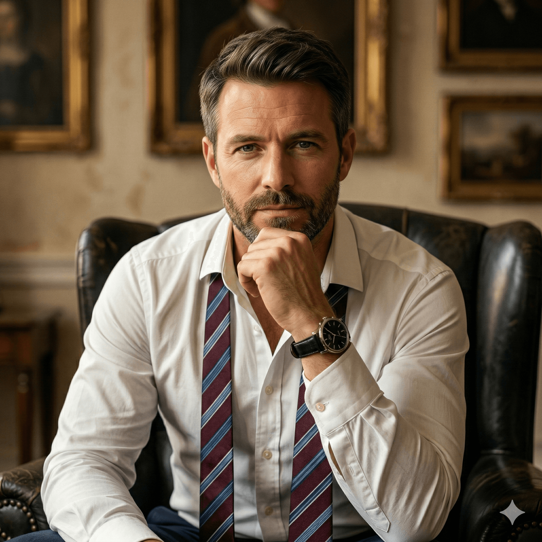 A thoughtful businessman in a white shirt and striped tie sits in a classic office setting, reflecting on April 2026 IR35 contractor tax changes.