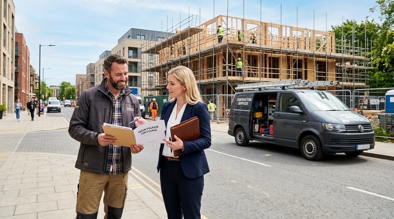 A contractor and mortgage consultant review mortgage options beside a new-build site, with scaffolding and a work van showing contractor services nearby.