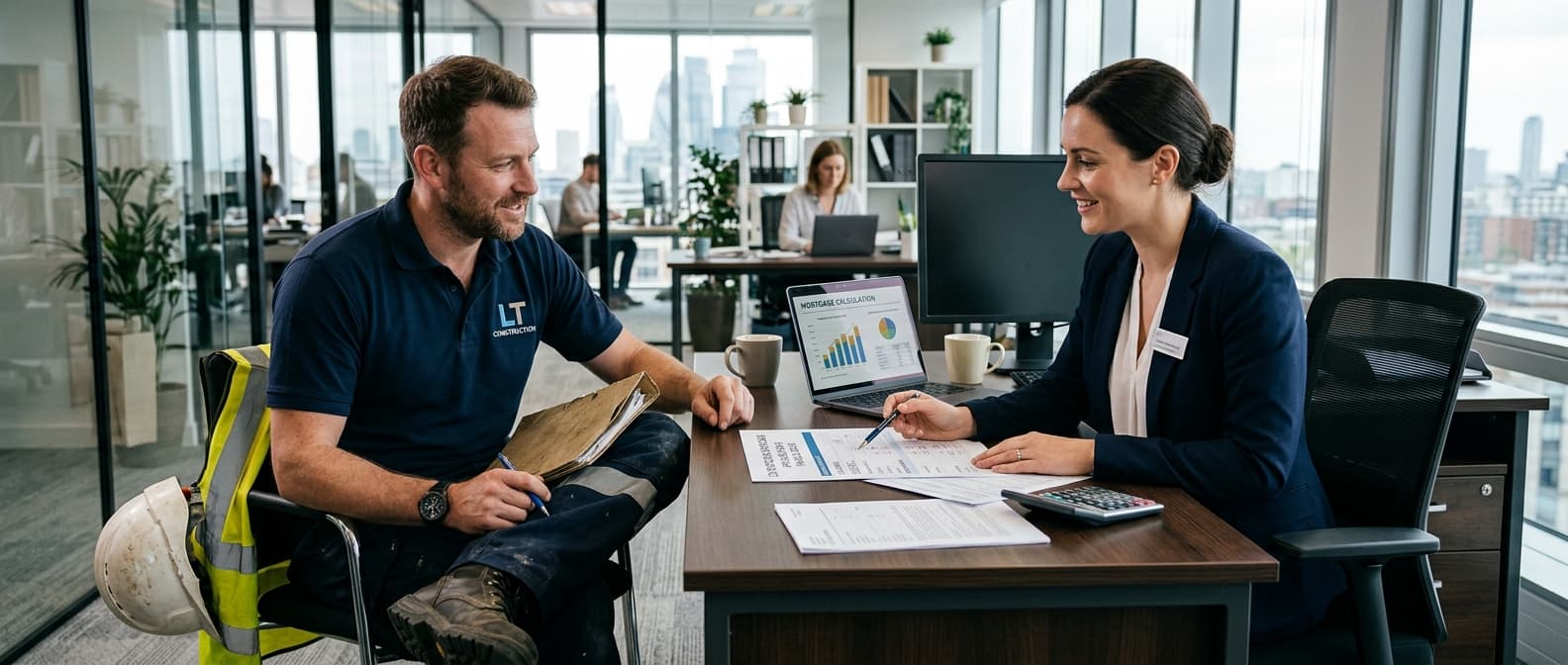 A CIS contractor discusses mortgage calculations with an adviser in a modern office, reviewing forms, charts and income documents during the meeting.