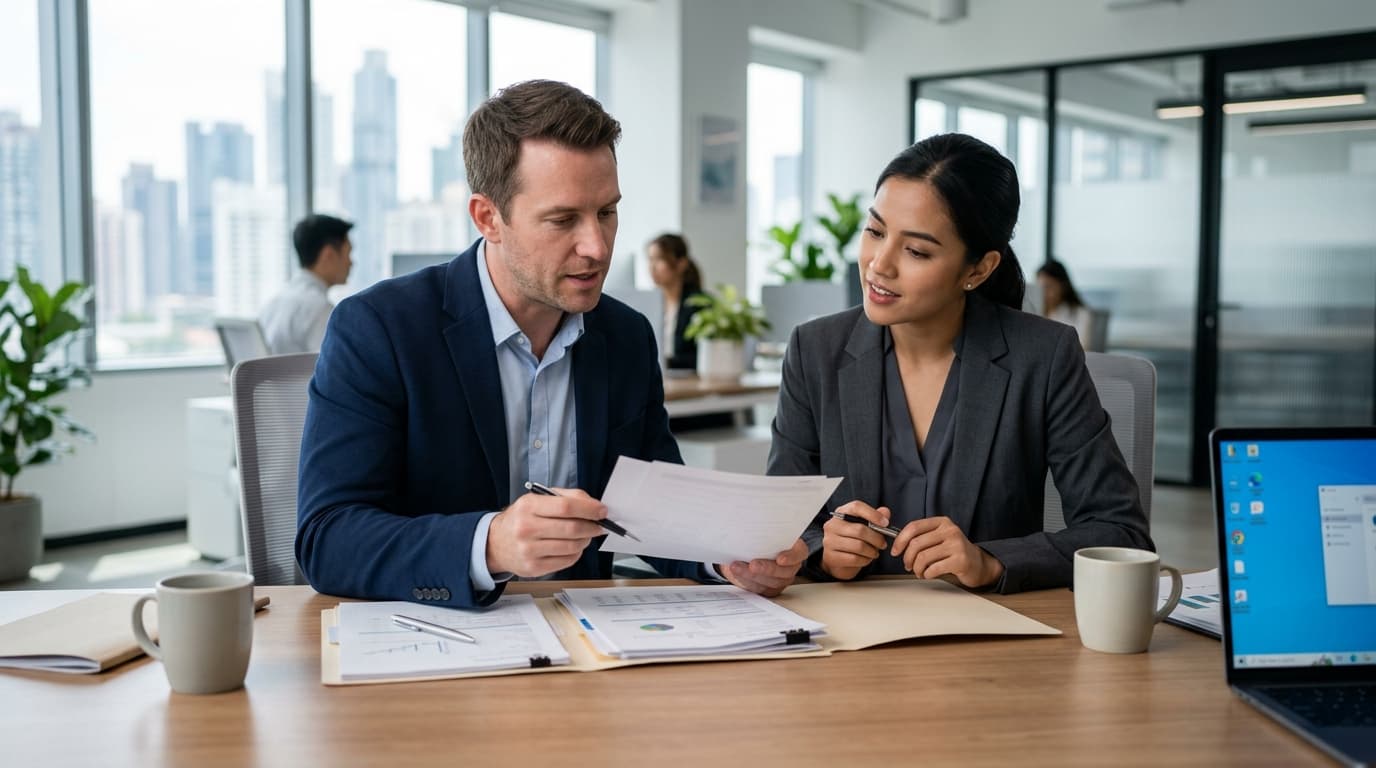 A specialist director mortgage broker reviews mortgage application documents with a limited company director in a modern office during a focused consultation.