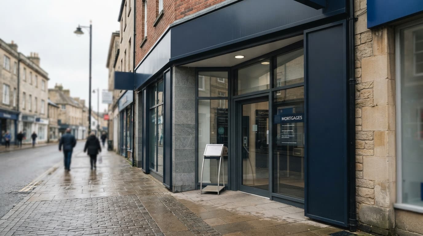 High-street mortgage branch in a UK town, where tax-efficient accounting can lead to a declined application