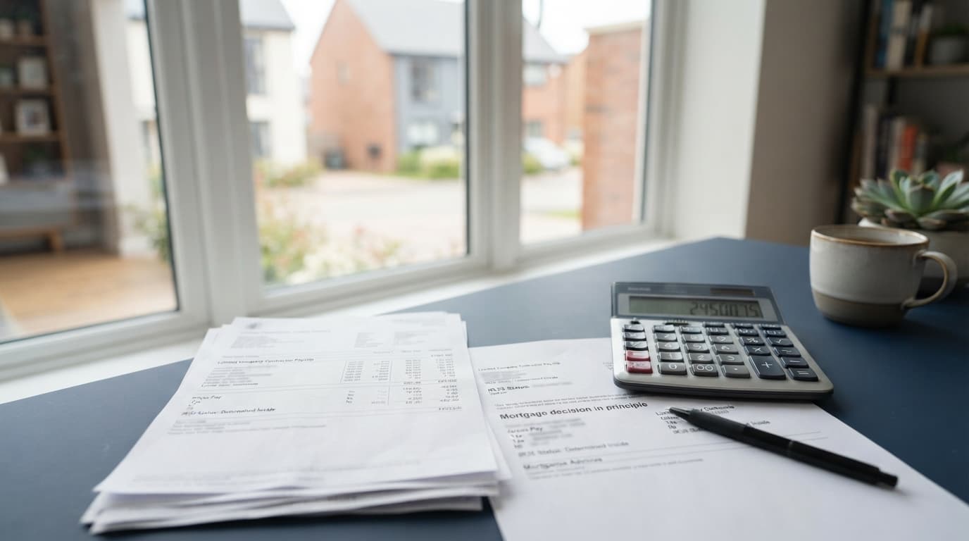 Inside IR35 mortgage affordability assessment paperwork and contractor day rate calculations on desk